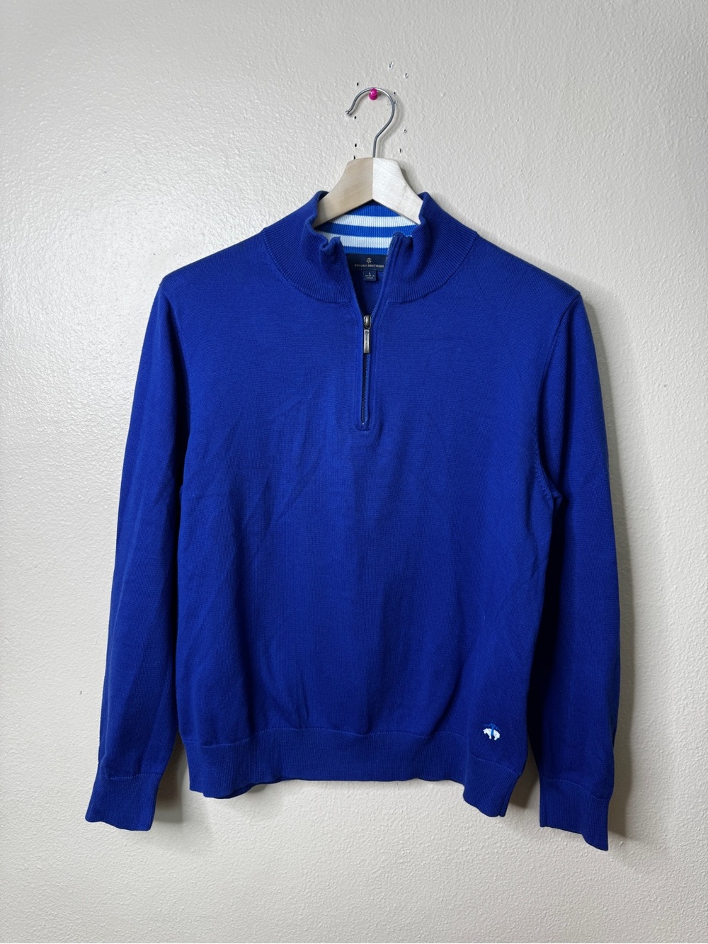 Brooks Brothers Womens L Blue Cotton Blend Quarter Zip Pullover Sweater Logo